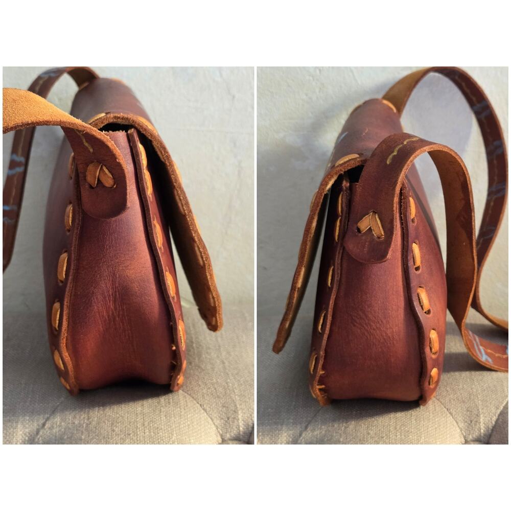 VTG 70s Hand Tooled Painted 100% Leather Saddle Bag Shoulder Purse Boho Hippie - Picture 8 of 14